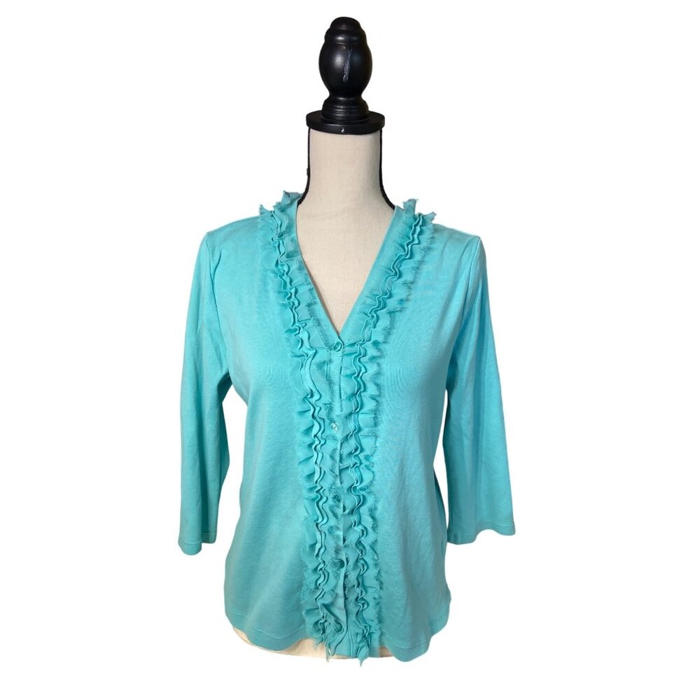 Notations Womens Cardigan Medium Turquoise Ruffle Front 3/4 Sleeve Light Preppy
